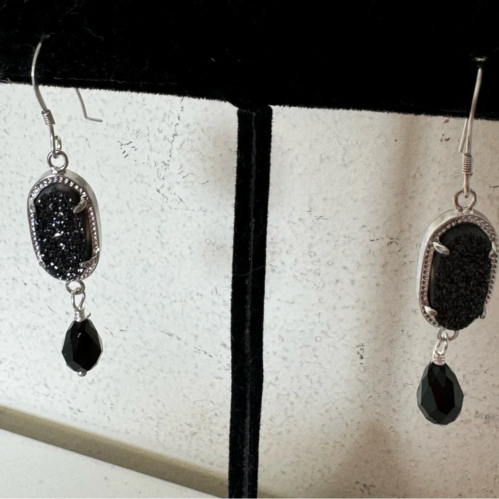 925 Sterling Silver Black Druzy Gemstone and Crystal Drop Earrings NEW